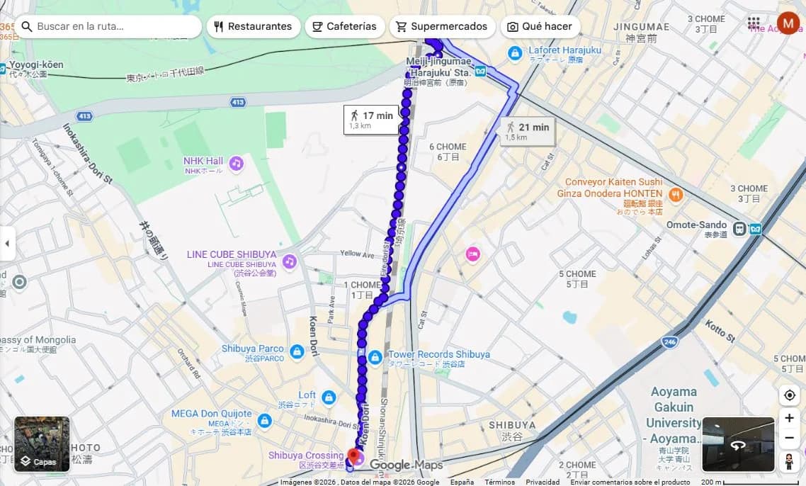 Google Maps guiando a pie hasta el punto de encuentro del grupo