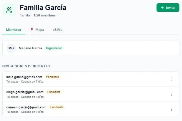 Panel del grupo con miembros e invitaciones pendientes