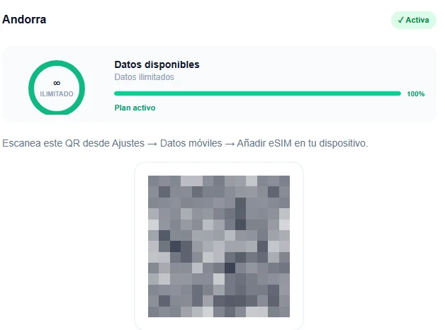 Panel de Telcomia mostrando una eSIM activa con su código QR de activación