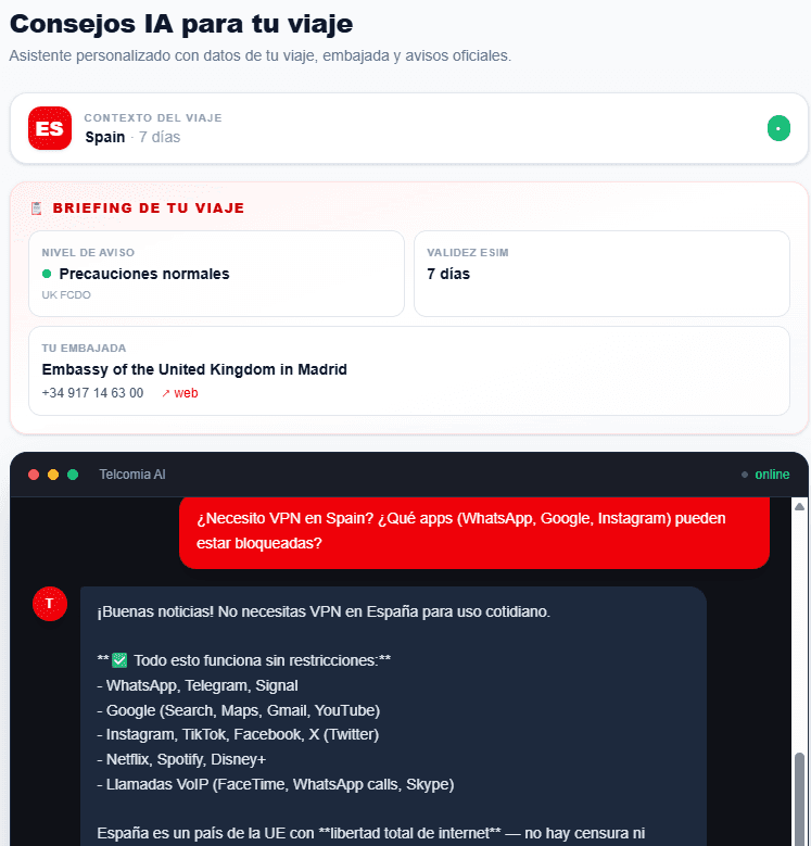AI assistant in the dashboard: trip context, briefing with advisory level and embassy, and the chat
