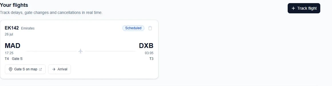 Telcomiin sledilnik letov: let EK142 Madrid-Dubaj s statusom Načrtovano, terminalom in izhodom