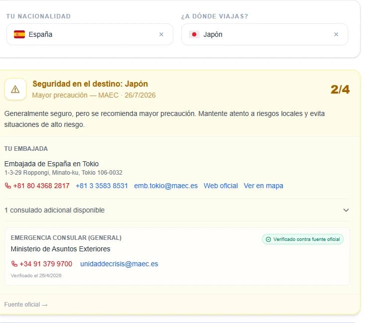 Pantalla de seguridad de Telcomia: destino Japón con riesgo 2/4 del MAEC, Embajada de España en Tokio y emergencia consular verificada