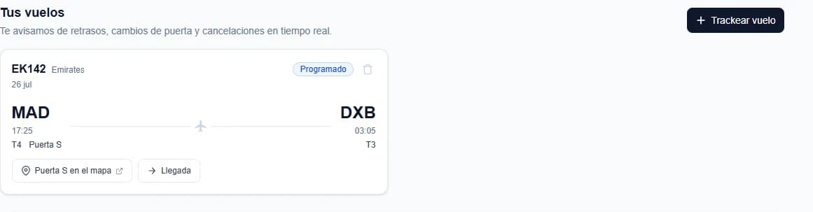 Rastreador de vuelos de Telcomia: vuelo EK142 Madrid-Dubái con estado Programado, terminal y puerta